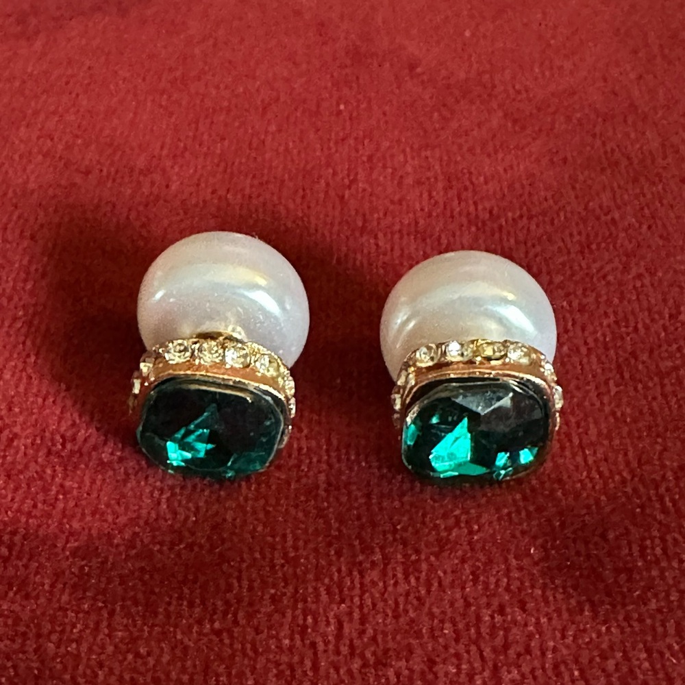 Pearl and Emerald Crystal Double-Sided Stud Earrings - Gold Tone